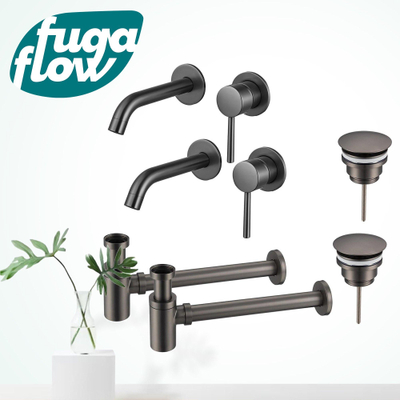 FugaFlow Eccelente Sobrado Badkamer Slim Wastafelkraanset - voor dubbele wastafel - inbouw wastafelkraan - always open plug - verlaagde design sifon - PVD Gepolijst Gunmetal - Black Friday -