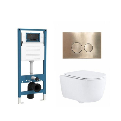 QeramiQ Dely Swirl Ensemble de toilettes - réservoir encastré QeramiQ Flush - abattant slim - plaque de commande en métal laiton brossé - boutons ronds - blanc brillant