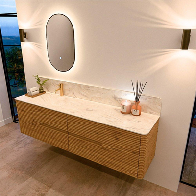 Mondiaz CIRO-DLUX Meuble de salle de bains - 180x45x50cm - Vasque solid surface Ostra - 1 lavabo à gauche - 1 trou de robinet - 4 tiroirs - Chêne