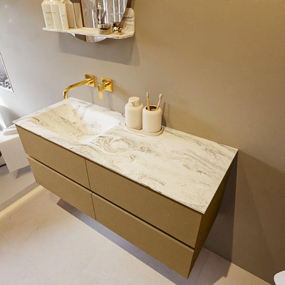 Mondiaz VICA-DLUX ensemble de meuble de salle de bain - 120cm - meuble sous-vasque oro - 4 tiroirs - lavabo encastré cloud gauche - sans trous de robinet - version haute de 60cm - glace