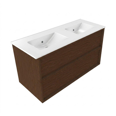 Saniclass Holz Frame Ensemble meuble de salle de bains - 120x45x62cm - Vygo lavabo en céramique blanc - 2 vasques - sans trous de robinetterie - 2 tiroirs - walnut pure mat (bois)