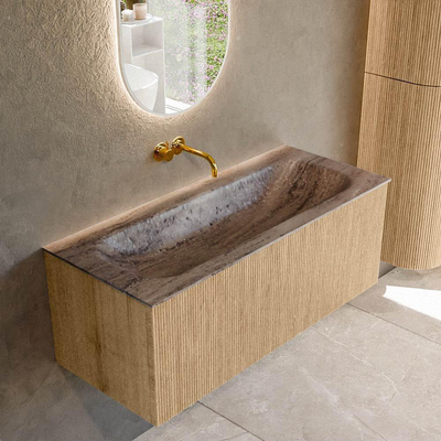 MONDIAZ KURVE-DLUX Meuble de salle de bains 110cm couleur Chêne avec 1 tiroir et 0 porte. Vasque BIG MEDIUM Centrale sans trou de robinet Oza.