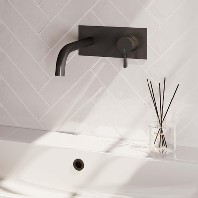 BRAUER Black Edition Wastafelmengkraan inbouw - gebogen uitloop links - hendel middel dik - inclusief inbouwdeel - afdekplaat - model E 1 - mat zwart