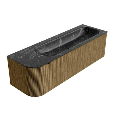Mondiaz KURVE-DLUX Ensemble de meuble - 145x46x40cm - 1 tiroir - 1 porte - lavabo en solid surface - droite - 1 trou de robinet - Dusk