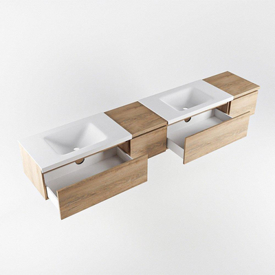 MONDIAZ BUKLA 240cm ensemble de meuble avec module 40 gauche couleur Chêne blanchi avec 4 tiroirs. Lavabo CLOUD double 0 trou de robinet couleur Talc.