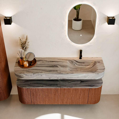 MONDIAZ THOR-DLUX 150cm meuble de salle de bains arrondi gauche + droite couleur Ruby avec 1 tiroir et 2 portes. Vasque suspendue CLOUD Droite 1 trou de robinet couleur Sombra.