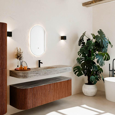 MONDIAZ THOR-DLUX 150cm meuble de salle de bains arrondi gauche + droite couleur Ruby avec 1 tiroir et 2 portes. Vasque suspendue CLOUD Milieu 1 trou de robinet couleur Oza.