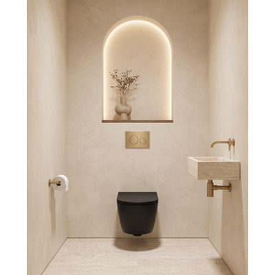 QeramiQ Dely Toiletset - 36.3x51.7cm - Geberit UP720 inbouwreservoir - rimless - diepspoel - 35mm zitting - softclose - bedieningsplaat beige - ronde knoppen - mat zwart