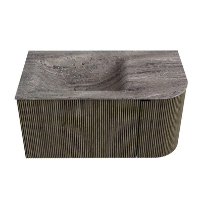 MONDIAZ KURVE-DLUX Meuble de salle de bains 85cm arrondi à droite couleur Shadow avec 1 tiroir et 1 porte. Lavabo CLOUD à gauche 1 trou de robinet Oza.
