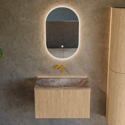 MONDIAZ KURVE-DLUX 70cm badmeubel kleur Oak met 1 lade en 0 deuren. Wastafel BIG SMALL Midden zonder kraangat Oza.