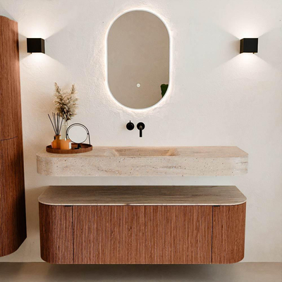 MONDIAZ THOR-DLUX 140cm meuble de salle de bains arrondi gauche + droite couleur Ruby avec 1 tiroir et 2 portes. Vasque suspendue CLOUD Milieu sans trou de robinet couleur Saba.