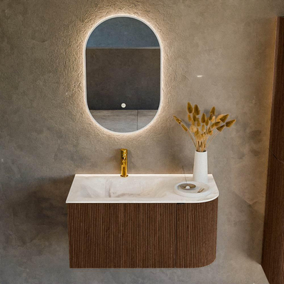 MONDIAZ KURVE-DLUX meuble de salle de bains 85cm avec module 25 R couleur noyer avec 1 tiroir et 1 porte. Lavabo CLOUD gauche 1 trou de robinet couleur Frappe.