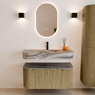 MONDIAZ THOR-DLUX 100cm meuble de salle de bains arrondi gauche + droite couleur Dusk avec 1 tiroir et 2 portes. Vasque suspendue CLOUD Milieu 1 trou de robinet couleur Sombra.