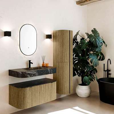 MONDIAZ THOR-DLUX 100cm meuble de salle de bains arrondi gauche + droite couleur Dusk avec 1 tiroir et 2 portes. Vasque suspendue CLOUD Milieu 1 trou de robinet couleur Lava.