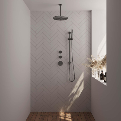 Brauer Gunmetal Carving Regendoucheset inbouw - hoofddouche 30cm - plafondarm 20cm - 3 carving knoppen - handdouche staaf 1 stand - - PVD - geborsteld gunmetal