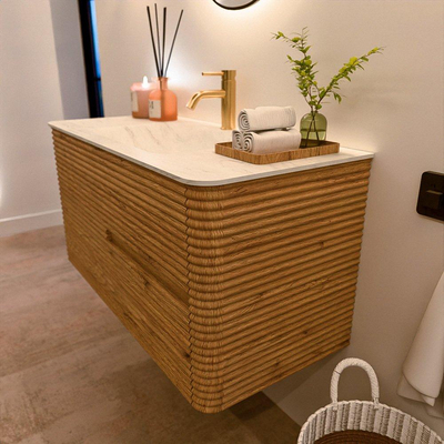 Mondiaz CIRO-DLUX Badkamermeubelset - 100x45x50cm - Solid surface wastafel Opalo - 1 wasbak Midden - 1 kraangat - 2 lades - Oak