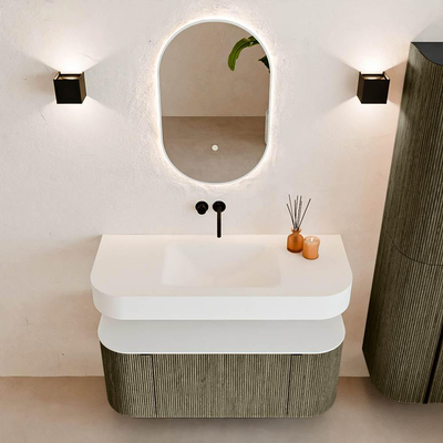 MONDIAZ THOR Meuble de salle de bains 110cm arrondi gauche + droite couleur Shadow avec 1 tiroir et 2 portes. Vasque suspendue CLOUD Milieu sans trou de robinet couleur Talc.