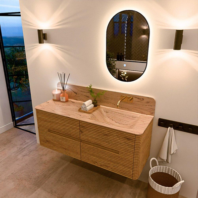 Mondiaz CIRO-DLUX Ensemble de meubles de salle de bains - 130x45x50cm - Plan-vasque solid surface Arena - 1 vasque à droite - sans trous de robinetterie - 4 tiroirs - Chêne