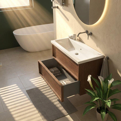 Saniclass Holz Frame Ensemble meuble de salle de bains - 100x45x63.5cm - Bari lavabo en céramique blanc - 1 vasque - sans trou de robinetterie - 2 tiroirs - mat walnut pure (bois)