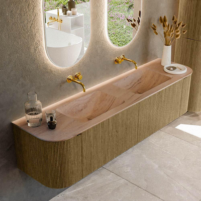 MONDIAZ KURVE-DLUX Meuble de salle de bains 180cm arrondi gauche + droite couleur Dusk avec 2 tiroirs et 2 portes. Plan-vasque LEAF Double sans trou de robinet Saba.