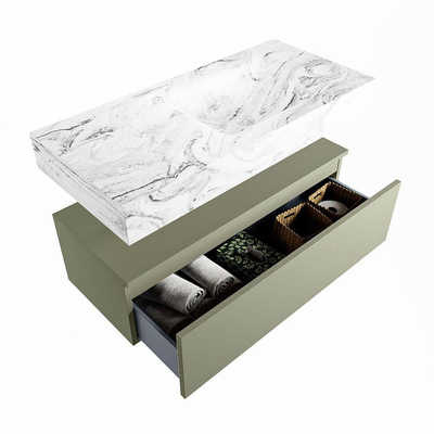 Mondiaz ALAN-DLUX Ensemble de meuble - 100cm - meuble Army mat - 1 tiroir - Lavabo Cloud Glace suspendu - vasque Droite - 0 trous de robinet