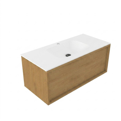 Saniclass Holz Frame Ensemble de meuble de salle de bains - 100x45x41.5cm - Flow lavabo en solid surface blanc - 1 vasque - 1 trou de robinetterie - 1 tiroir - chêne natural mat (bois)
