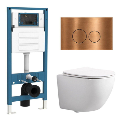 QeramiQ Dely Swirl Compact Toiletset - inbouwreservoir QeramiQ flush - slim zitting - metalen bedieningsplaat koper - ronde knoppen - glans wit
