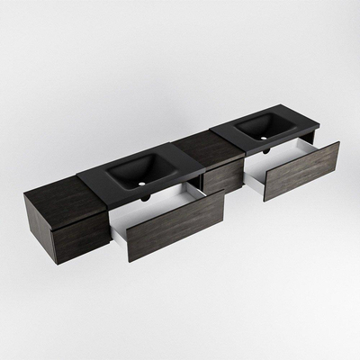 MONDIAZ BUKLA 240cm ensemble de meuble avec module 40 à droite couleur Marron Foncé avec 4 tiroirs. Lavabo CLOUD double 2 trous de robinet couleur Urban.