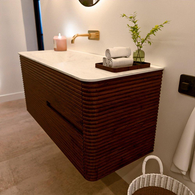 Mondiaz CIRO-DLUX Badkamermeubelset - 110x45x50cm - Solid surface wastafel Opalo - 1 wasbak Links - zonder kraangaten - 2 lades - Ruby