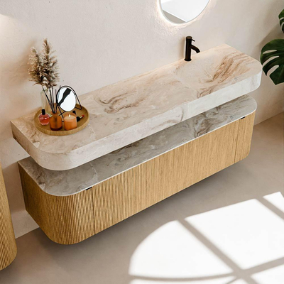 MONDIAZ THOR-DLUX 170cm badmeubel ronding links + rechts kleur Oak met 1 lade en 2 deuren. Vrijhangende wastafel CLOUD Rechts 1 kraangat kleur Frappe.