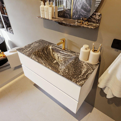 Mondiaz VICA-DLUX Badkamermeubelset - 100cm - talc - 2 lades - Inbouw wastafel CLOUD - midden - 1 kraangat - kleur Lava - XL versie 60cm hoog