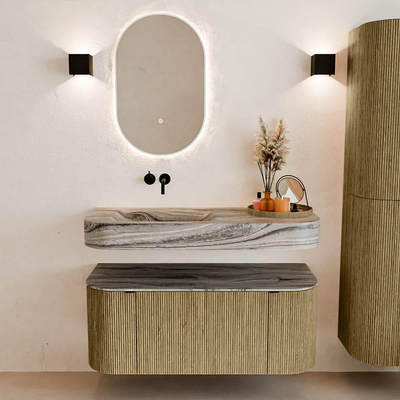 MONDIAZ THOR-DLUX Meuble de salle de bains 110cm arrondi gauche + droite couleur Dusk avec 1 tiroir et 2 portes. Vasque suspendue CLOUD Gauche sans trou de robinet couleur Sombra.