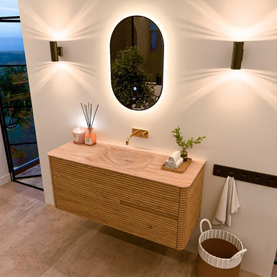 Mondiaz CIRO-DLUX Ensemble de meubles de salle de bains - 120x45x50cm - Plan vasque solid surface Saba - 1 vasque au milieu - sans trous de robinetterie - 2 tiroirs - Chêne