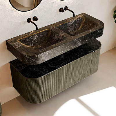 MONDIAZ THOR-DLUX 120cm meuble de salle de bains arrondi gauche + droite couleur Shadow avec 1 tiroir et 2 portes. Vasque suspendue CLOUD Double sans trou de robinet couleur Lava.