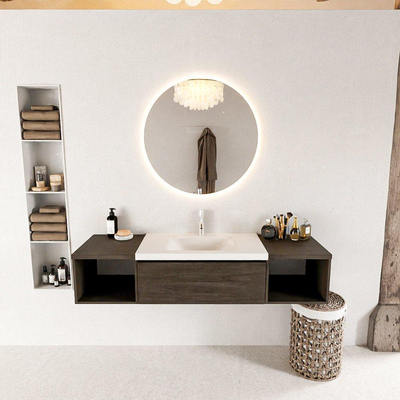 MONDIAZ BUKLA 160cm badmeubel met open module 40 L+R kleur Dark Brown met 1 lade. Wastafel CLOUD midden 1 kraangat kleur Talc.