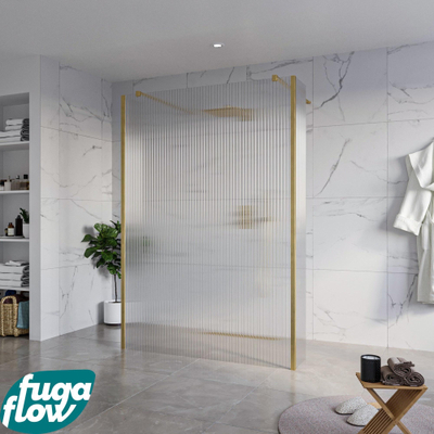 FugaFlow Eccelente Vetro Vrijstaande inloopdouche badkamer - 140x200cm - Helder geribbeld - antikalk - 8mm veiligheidsglas - 2 zijwanden 30cm - met wandarmen en hoekprofielen - Messing geborsteld (goud) -