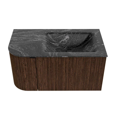 MONDIAZ KURVE-DLUX Meuble de salle de bains 85 cm avec module 25 L couleur Walnut avec 1 tiroir et 1 porte. Lavabo CLOUD à droite sans trou de robinet couleur Lava.