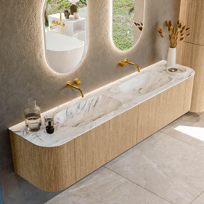 MONDIAZ KURVE-DLUX 200cm Meuble salle de bain avec module 25 G et D - couleur Oak - 2 tiroirs - 2 portes - vasque STOR SMALL double - sans trou de robinet - couleur Glace