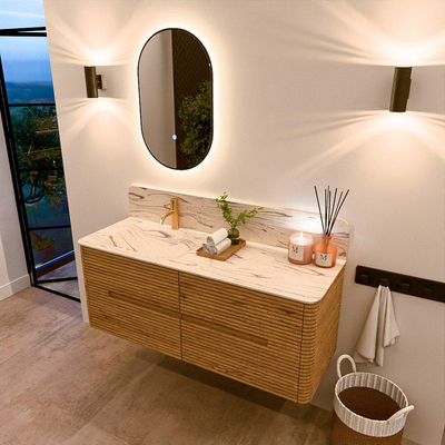 Mondiaz CIRO-DLUX Badkamermeubelset - 130x45x50cm - Solid surface wastafel Nata - 1 wasbak Links - 1 kraangat - 4 lades - Oak