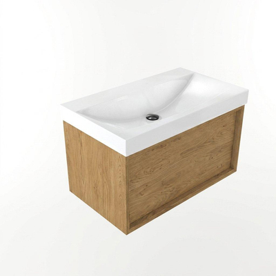 Saniclass Holz Frame Ensemble de meubles de salle de bains - 80x45x47.5cm - Wave lavabo en céramique - 1 vasque - sans trou de robinetterie - 1 tiroir - chêne naturel mat (bois)