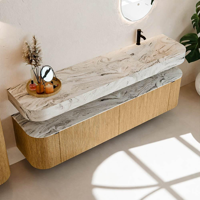 MONDIAZ THOR-DLUX Meuble de salle de bains 190cm arrondi gauche + droite couleur Oak avec 2 tiroirs et 2 portes. Vasque suspendue CLOUD Droite 1 trou de robinet couleur Glace.