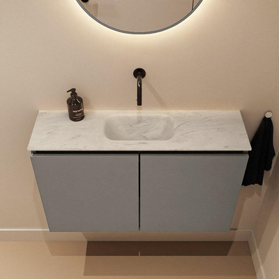 MONDIAZ TURE-DLUX Meuble toilette - 80cm - Smoke - EDEN - vasque Opalo - position centrale - sans trou de robinet