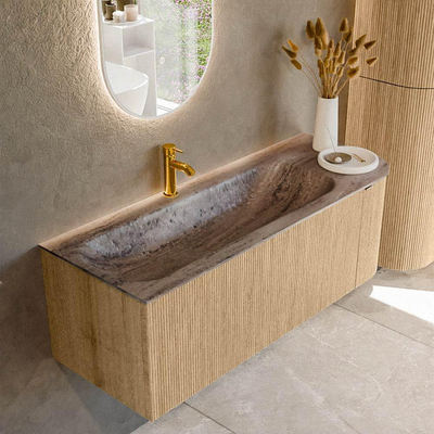 MONDIAZ KURVE-DLUX Meuble de salle de bains 125cm arrondi à droite couleur Chêne avec 1 tiroir et 1 porte. Lavabo BIG MEDIUM à gauche 1 trou de robinet Oza.