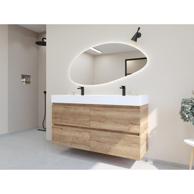 HR Infinity XXL ensemble de meubles de salle de bain 3d 140 cm 2 vasques en céramique kube blanc 2 trous de robinet 4 tiroirs chêne français