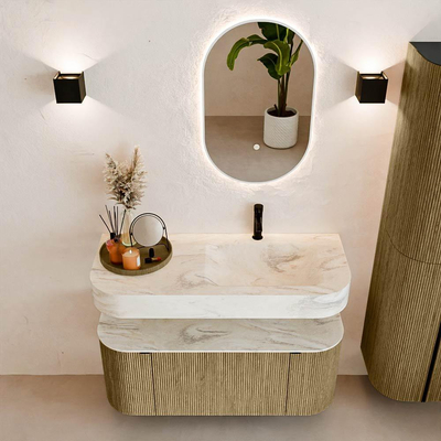 MONDIAZ THOR-DLUX Meuble de salle de bains 110cm arrondi gauche + droite couleur Dusk avec 1 tiroir et 2 portes. Vasque suspendue CLOUD Droite 1 trou de robinet couleur Ostra.