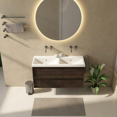 Saniclass Holz Frame Ensemble meuble de salle de bains - 120x45x63.5cm - Bari lavabo en céramique blanc - 2 vasques - sans trous de robinetterie - 2 tiroirs - chêne charcoal mat (bois)