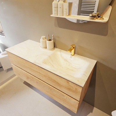 Mondiaz VICA-DLUX Ensemble de meuble de salle de bain - 120cm - meuble sous-vasque chêne blanchi - 2 tiroirs - lavabo encastré cloud droite - 1 trou de robinet - version haute de 60cm - ostra