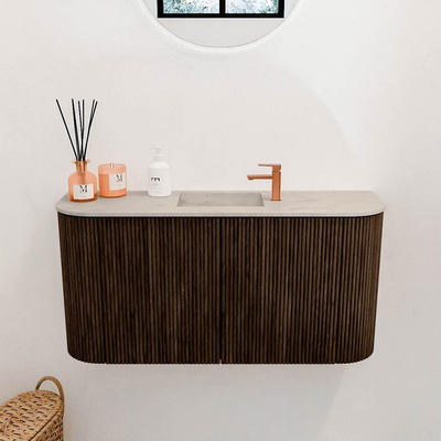 Mondiaz JOYA-DLUX 83.2cm toiletmeubel - ronding links en rechts kleur Walnut - Wastafel FAYE positie Midden 1 kraangat kleur Opalo.