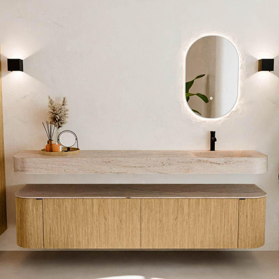 MONDIAZ THOR-DLUX Meuble de salle de bains - 200cm - arrondi gauche + droite - couleur Oak - 2 tiroirs et 2 portes - Vasque suspendue CLOUD Droite 1 trou de robinet couleur Saba