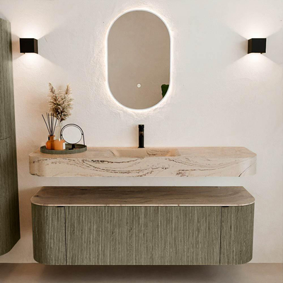 MONDIAZ THOR-DLUX 150cm meuble de salle de bains arrondi gauche + droite couleur Shadow avec 1 tiroir et 2 portes. Vasque suspendue CLOUD Milieu 1 trou de robinet couleur Arena.